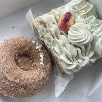 Apple cider donut and jasmine green tea white peach cake  at Three Girls Vegan Creamery - Downtown in Guilford