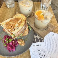 A full vegan sandwich and two iced Valencia soy lattes  at Woodberry Coffee - Setagaya in Tokyo