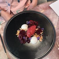 TINDULGENCE FOR THE CONSCIOUS MIND-20
Coconut panna cotta, morello cherry sorbet, blackberry caviar, toasted almonds, red wine pate de fruit, cherries  at Faro in Berriedale