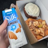 Molasses donut, apple fritter, and some almondmilk at The Donut GroVe in Orono