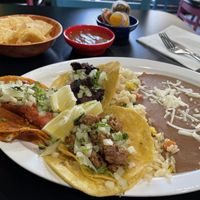 3 vegan taco combination with rice and beans  at Mamicon's Vegan Mexican Restaurant in Northridge