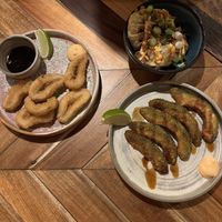 Fried “calamari”, fried avocado and crispy gyoza  #Veganuary at Ahimsa in Munich