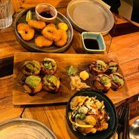 Starters: Fried "Calamari", Veggie Gyoza, Avocado SushiRoll  at Ahimsa in Munich