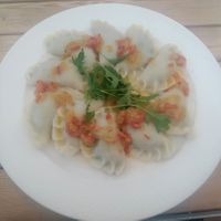 Pierogi with spinach, dried tomatoes and tofu ❤️ at Soodi Pierogarnia in Bialystok