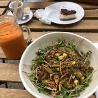 Lentil salad, smoothie and bounty cake at Alive Bistro in Marsalforn