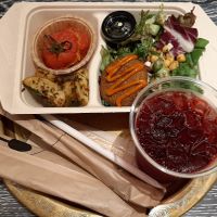 Set C (3 sides 1 salad) 1404 yen prior to tax. Drink ordered separately at Carvaan Delicatessen in Yokohama