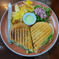 Pannini (chickpea filling) with salad and chips #Veganuary at Evy's World in Monteverde