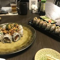 Red ocean roll with crispy tofu + H20 smoked eggplant  at Rock and Rolls Vegan Sushi in Panama City