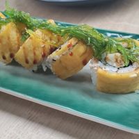 Creative roll with heart of palm and artichoke 'crab', plantain, and seaweed at Rock and Rolls Vegan Sushi in Panama City