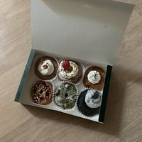 Top row: Earl Grey, Strawberry Shortcake, Garlic & Cream Cheese. Bottom row: PB&J, Matcha, Black Sesame.  at O.verte Donuts 오베흐트 도넛 in Seoul