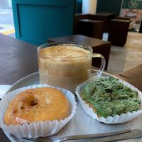 Original and matcha crumble + soy latte at O.verte Donuts 오베흐트 도넛 in Seoul
