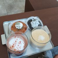 Garlic & Cream cheese + Black sesame & cream + hot vegan choco + pumkin spice latte at O.verte Donuts 오베흐트 도넛 in Seoul