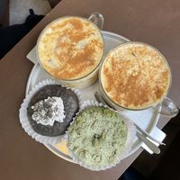 2x iced pumpkin spiced lattes, black sesame donut, matcha donut   at O.verte Donuts 오베흐트 도넛 in Seoul