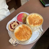 Pb and J donut, raspberry and pistachio donut, 1 iced and 1 hot pumpkin spiced latte  at O.verte Donuts 오베흐트 도넛 in Seoul