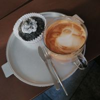 Black sesame Donut and a latte at O.verte Donuts 오베흐트 도넛 in Seoul