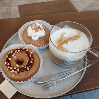 Peanut butter & jam donut, earl grey donut, hot vanilla latte at O.verte Donuts 오베흐트 도넛 in Seoul