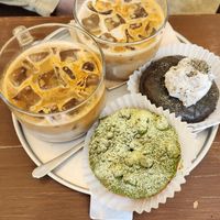 Matcha donut and black sesame donut at O.verte Donuts 오베흐트 도넛 in Seoul