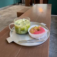 Jeju organic matcha latte and raspberry pistachio donut  at O.verte Donuts 오베흐트 도넛 in Seoul