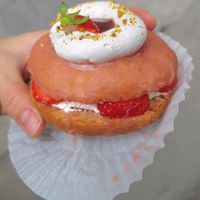 Strawberry shortcake donut - close-up at O.verte Donuts 오베흐트 도넛 in Seoul