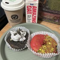Black sesame donut & raspberry pistachio donut  at O.verte Donuts 오베흐트 도넛 in Seoul