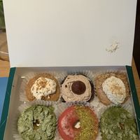 Matcha Crumble(green), Raspberry and Pistachio(pink), Mont Blanc Chestnut Cream, Apple Crumble Pie. at O.verte Donuts 오베흐트 도넛 in Seoul