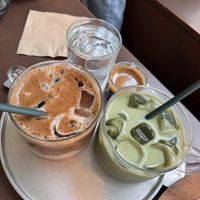 iced barley latte, iced matcha latte, espressoo  at O.verte Donuts 오베흐트 도넛 in Seoul