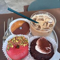 Tiramisu, raspberry-pistachio, hazelnut-chocolate, and ice coffee soy milk latte at O.verte Donuts 오베흐트 도넛 in Seoul