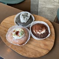 black sesame donut (mellow, mild but sweet flavor), strawberry shortcake donut (heavenly beyond description) & hazelnut chocolate donut (indistinguishable from nutella)  at O.verte Donuts 오베흐트 도넛 in Seoul