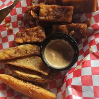 Tofu wings, tater wedges, and vegan lily sauce!! at Lily's Snack Bar in Boone