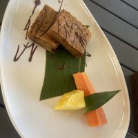 Complimentary bread pudding  at Mother Earth Vegan Restaurant in Tamarindo