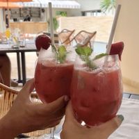 Strawberry Mojito Mocktail cocktails also available)  at Mother Earth Vegan Restaurant in Tamarindo