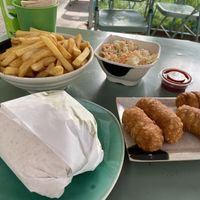  Fries, Coleslaw, More Fried Stuff, Sandwich and Ketchup/Garbage Sauce.  at Taoveg in Santiago