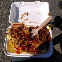 Gravy "not today seitan'" with fully biodegradable bamboo fork and eco and also biodegradable packaging!  at Harry's Place CIC in Ballynahinch
