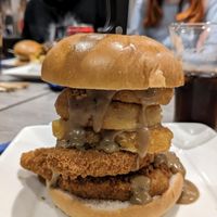 Big Daddy D burger (onion rings, 2 chick'n fillets, hash browns and pepper sauce) at Harry's Place CIC in Ballynahinch