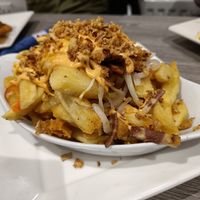 Joey fries (3 vegan cheese, bacon, onion and peppers) at Harry's Place CIC in Ballynahinch