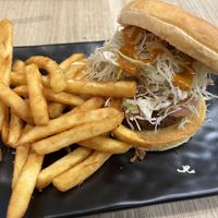 Hokkaido salmoniee burger with spicy curry sauce (very stingy with the sauce I must say!)  at Greendot 绿一点 - Jurong Point 1 in West Singapore