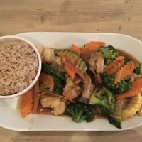 Vegetables teriyaki stir fry and brown rice. Delicious! at Red Bamboo in New York City