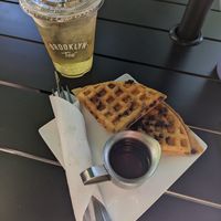 Coconut oolong tea with half order of chocolate chip waffles at Brooklyn Tea in Atlanta
