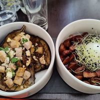 Oeufs en meurette & eggplant with tofu & feta at O-Berny in Lyon