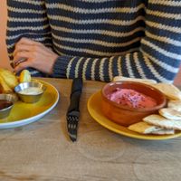Beetroot humus + pitta and potatoe wedges at Vibes in Dorchester