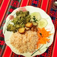 Main dish of broccoli curry with veg & rice  at Govinda's in La Paz