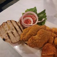 Closeup of vegan chicken strips on sandwich. at Vey's Pub & Grille in Hermitage