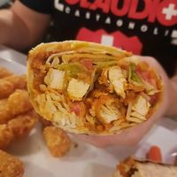Closeup of vegan chicken wrap at Vey's Pub & Grille in Hermitage