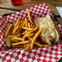 Beyond brat with sauerkraut and fries!  at Cafe International in Helen