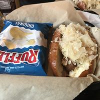 Bratwurst covered in Sauerkraut   at Cafe International in Helen