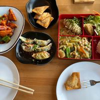 General Tso Tofu, spicy dumplings, purple puffs, bento box with Japanese curry udon at Trendy Vegan in Houston