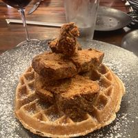 Vegan chicken and waffles; pecan waffle. at My Father's House in Nyack