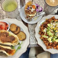 Magic mushroom breakfast tacos, gluten free vegan carrot cake, mango fried cauliflower salad with vegan feta. Lavender matcha with coconut milk, mushroom latte with almond milk    at Harvest Kitchen & Bakery in Katy