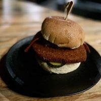 Vegan (wheat) chicken burger. (Without the lettuce, sriracha mayo or the potato chips.) at Boodle Beasley in North Hobart
