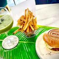 Greens & Pineapple Smoothie, MAAD Vegan Chick'n Jerk, Peri Peri Fries with Spicy Mayo Sauce   at MAAD in South West London